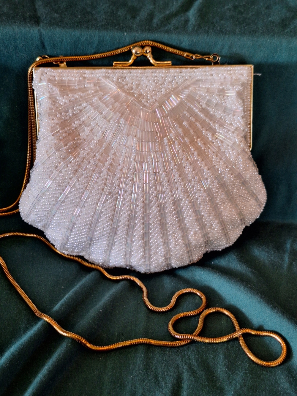 Vintage Ivory Beaded Clam Shell Evening Bag Clutch Or Shoulder Bag Retro Classic